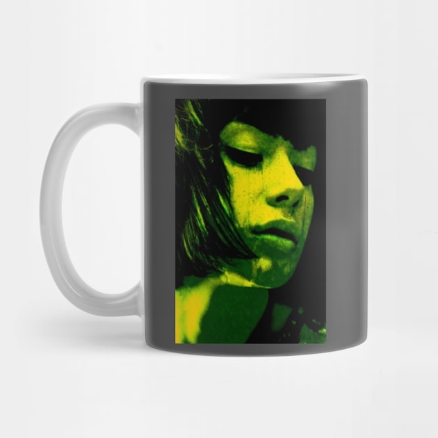 Beautiful girl, liquid on chin. Green, yellow. Dark sci-fi, beautiful. by 234TeeUser234